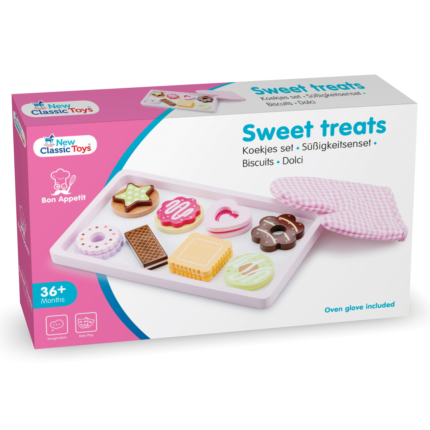 Caixa de conjunto de biscoitos de brinquedo com bandeja e luva de forno rosa xadrez