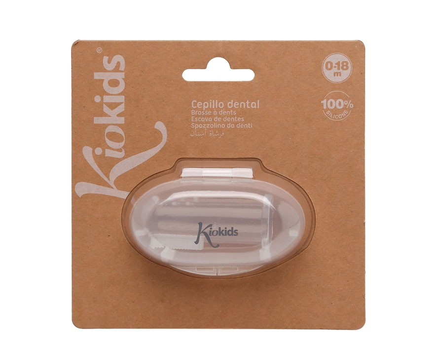 Escova dental Kiokids para bebés numa embalagem reciclável castanha
