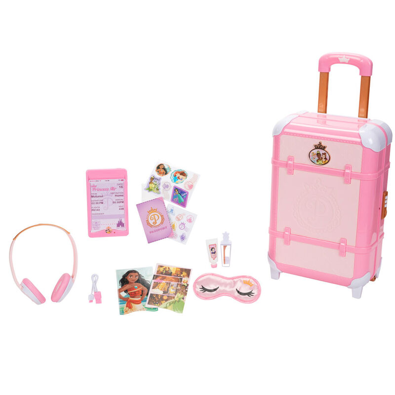 Conjunto brinquedo mala rosa com acessórios de viagem e passaporte