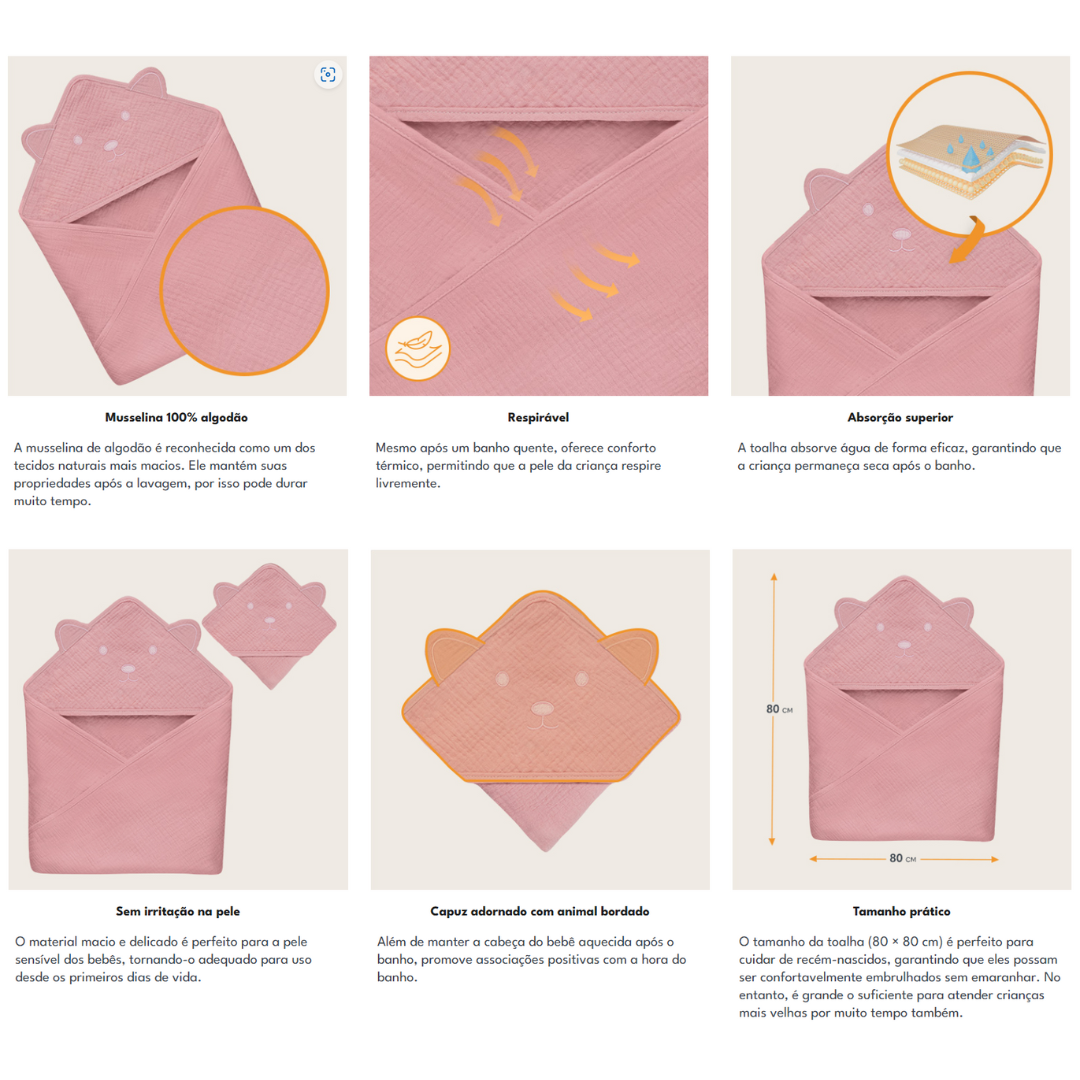 Toalha de bebé rosa com capuz em forma de animal com bordado e textura de musselina