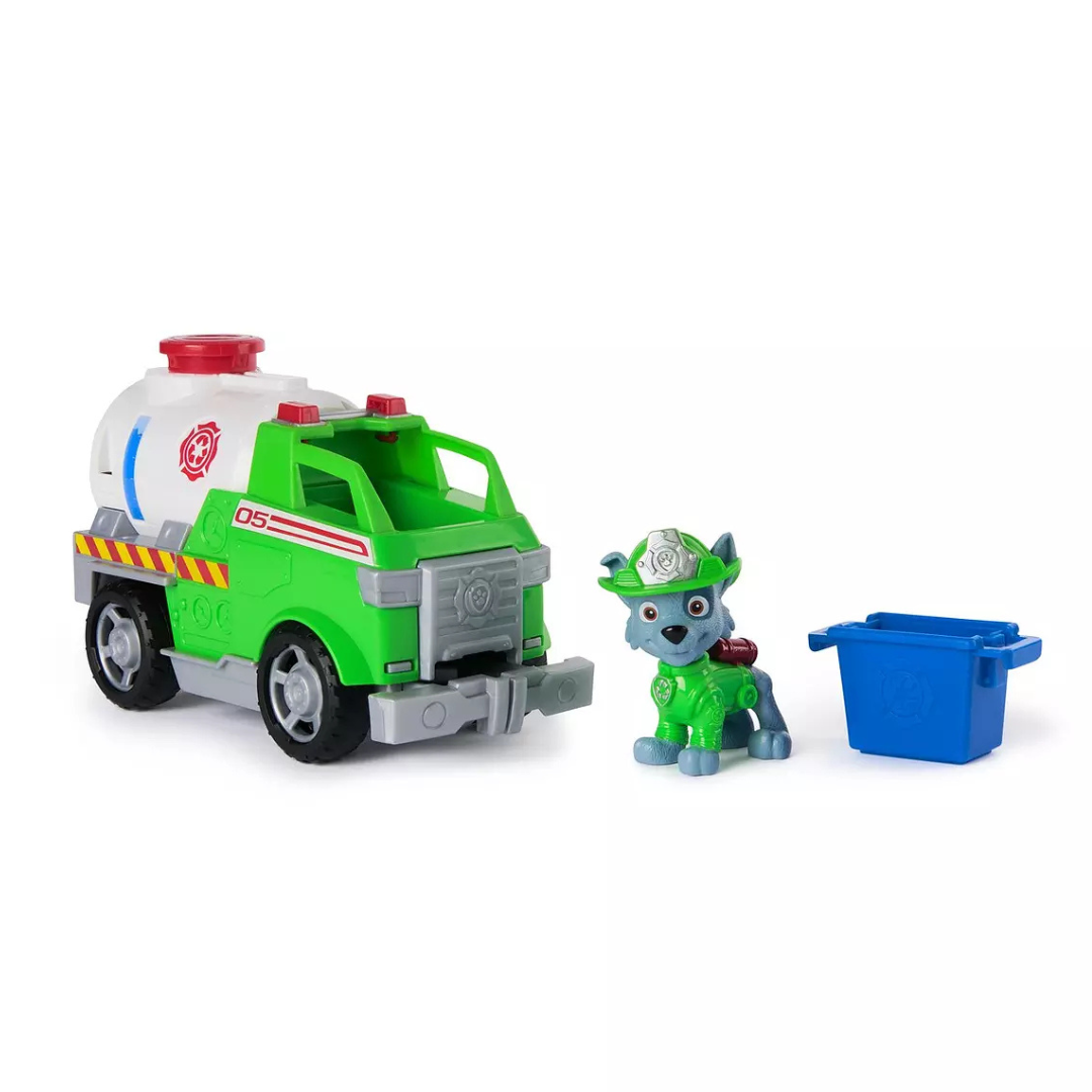 Brinquedo carrinha de bombeiros verde, cão em verde com capacete e caixa azul