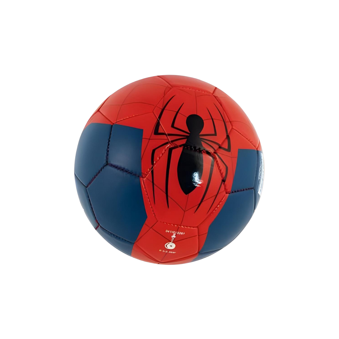 Bola de futebol vermelha e azul com desenho de aranha preta