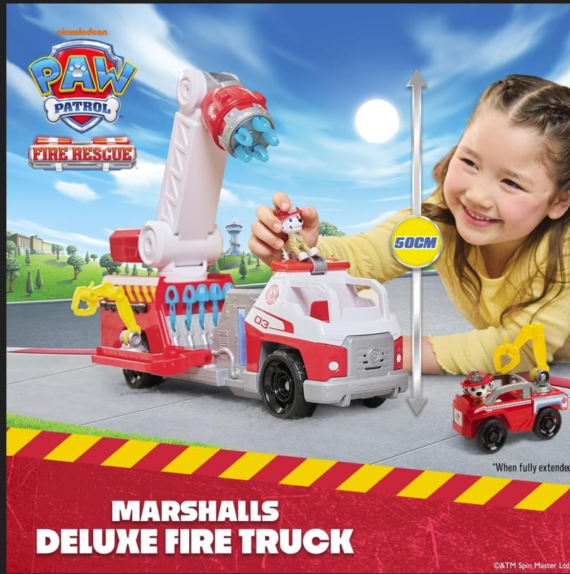 Brinquedo carro de bombeiros PAW Patrol com figura e lança-água, criança a sorrir
