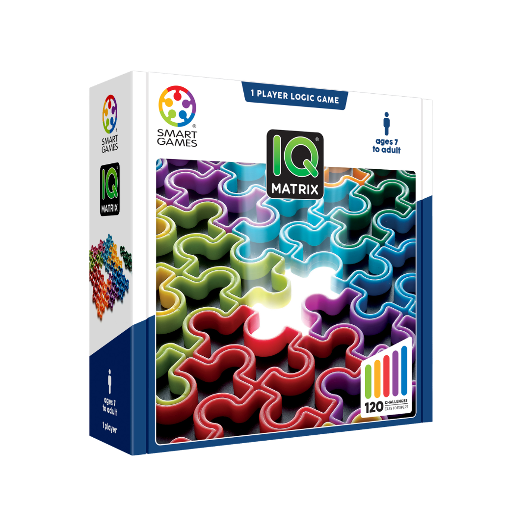 Caixa do jogo IQ Matrix com peças de puzzle coloridas e texto indicativo da idade e número de jogadores