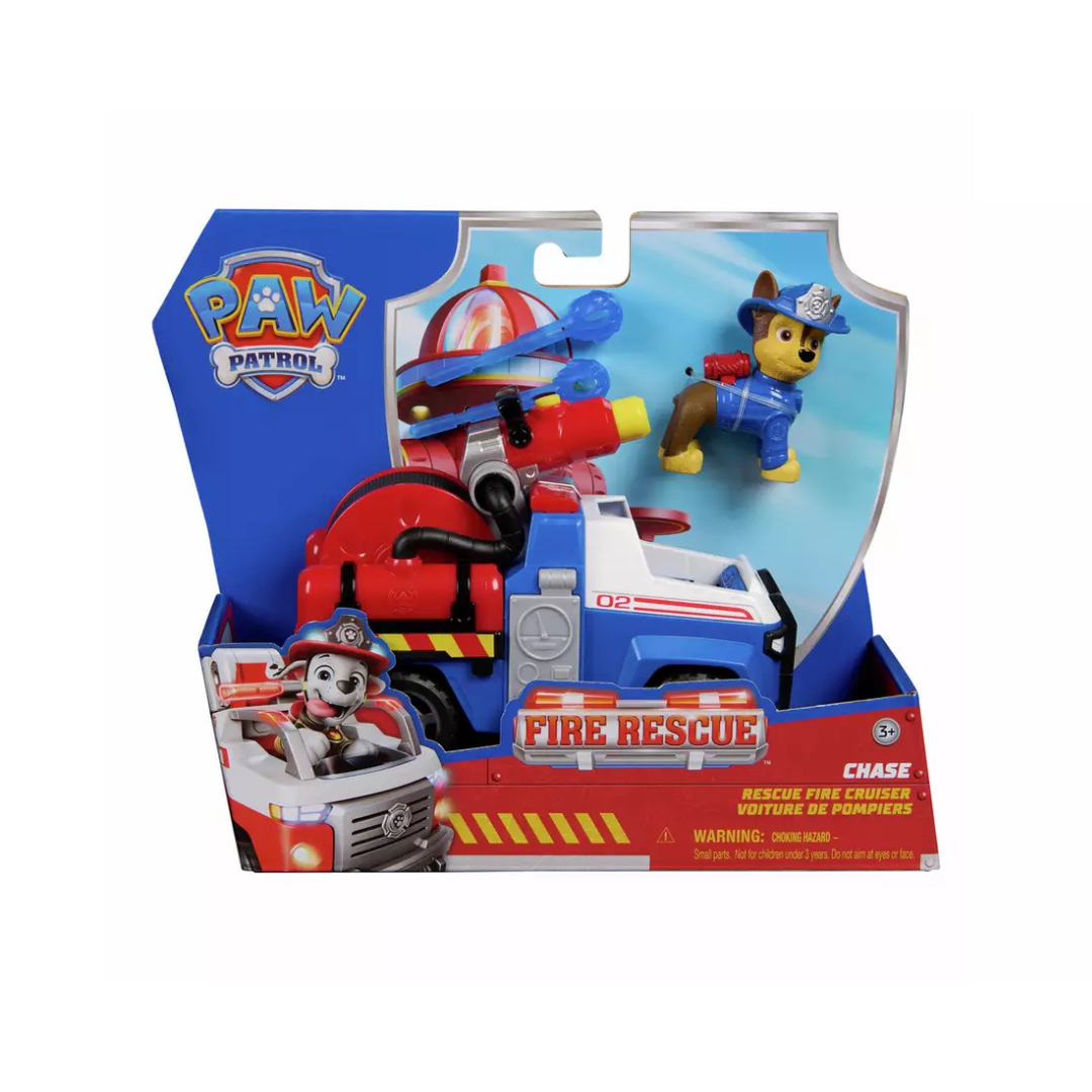 Brinquedo PAW Patrol Rescue Fire Cruiser com veículo e figura Chase na embalagem.