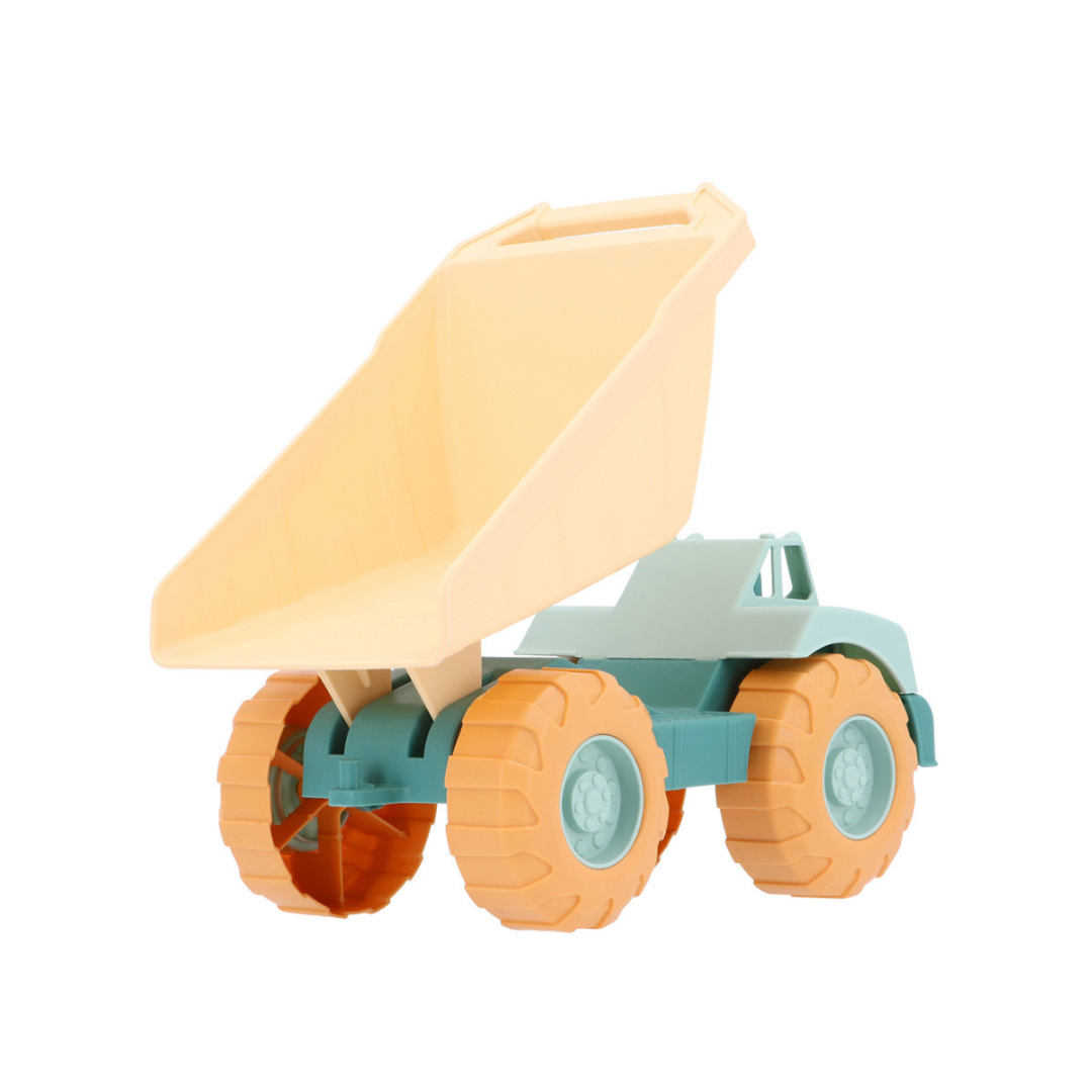 Brinquedo camião basculante de plástico azul clara, rodas laranja e caixa amarela