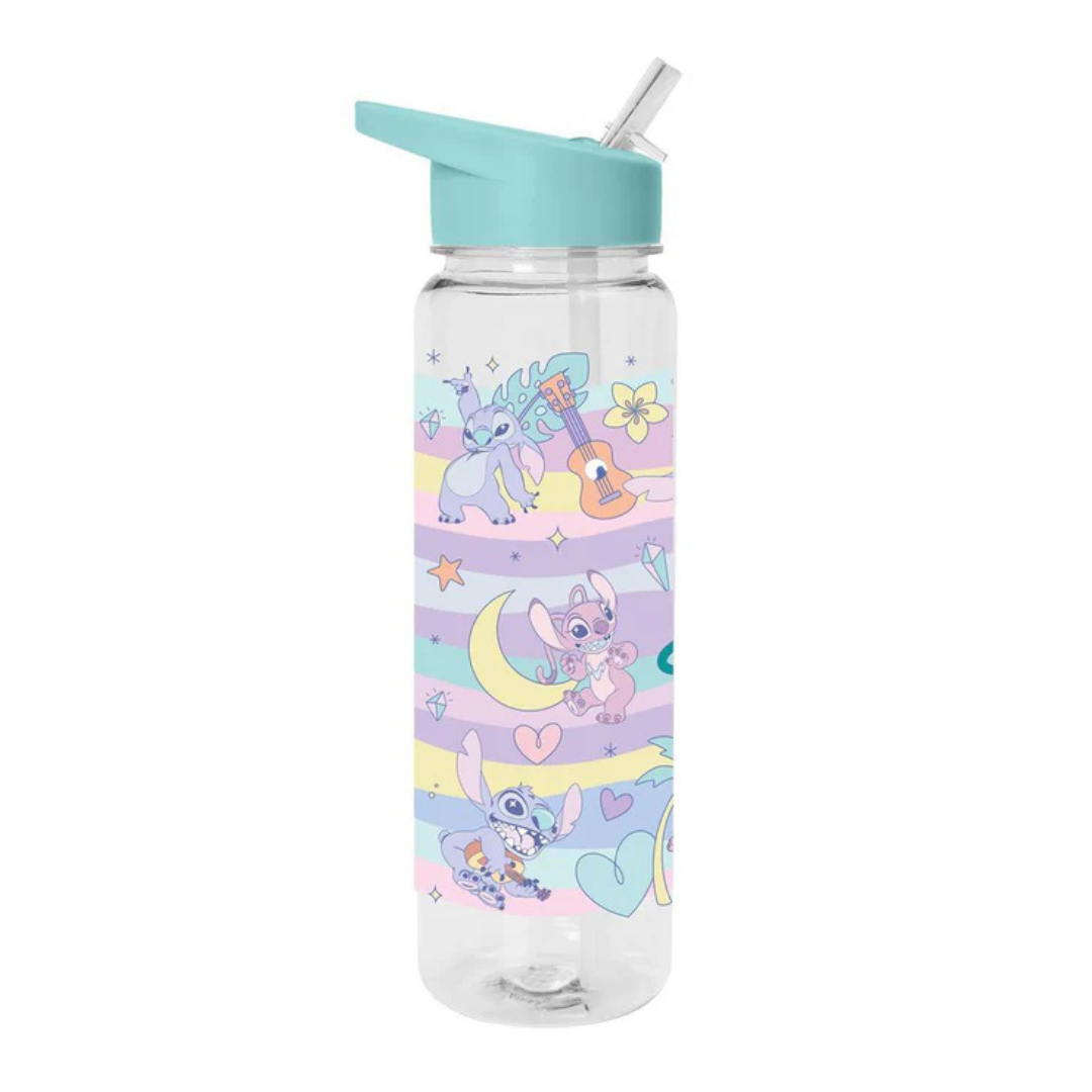 Garrafa de plástico com tampa azul e estampa do Stitch