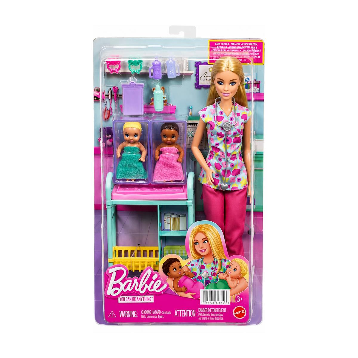 Bonecas Barbie médica com duas bonecas bebés e acessórios numa caixa de brinquedo
