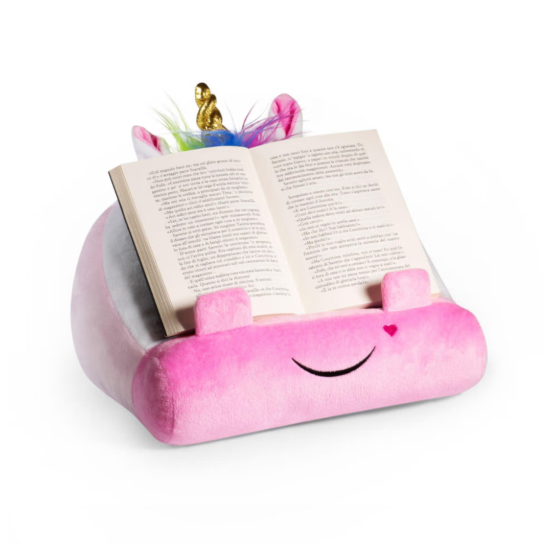 Suporte almofadado para livros unicórnio cor-de-rosa e branco com rosto sorridente