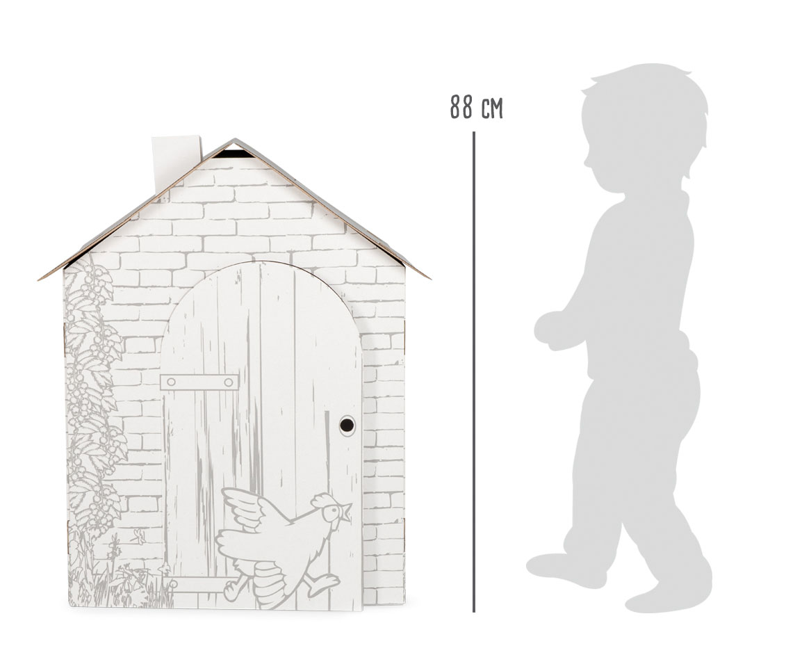 Casinha branca de brincar de cartão com desenhos de tijolos e galinha, 88 cm de altura