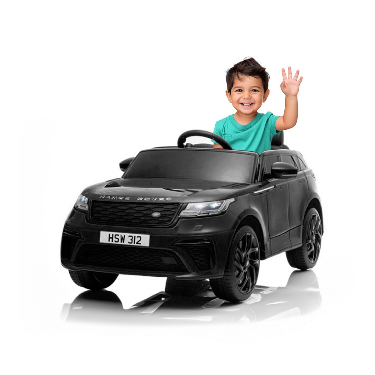 Carrinho eléctrico preto tipo SUV para crianças com criança a sorrir ao volante