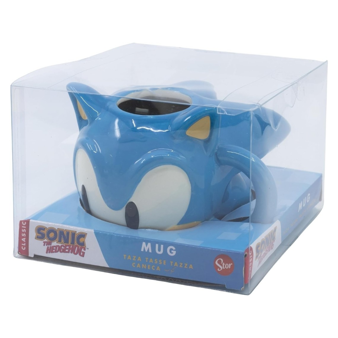 Caneca azul do Sonic the Hedgehog em caixa azul transparente