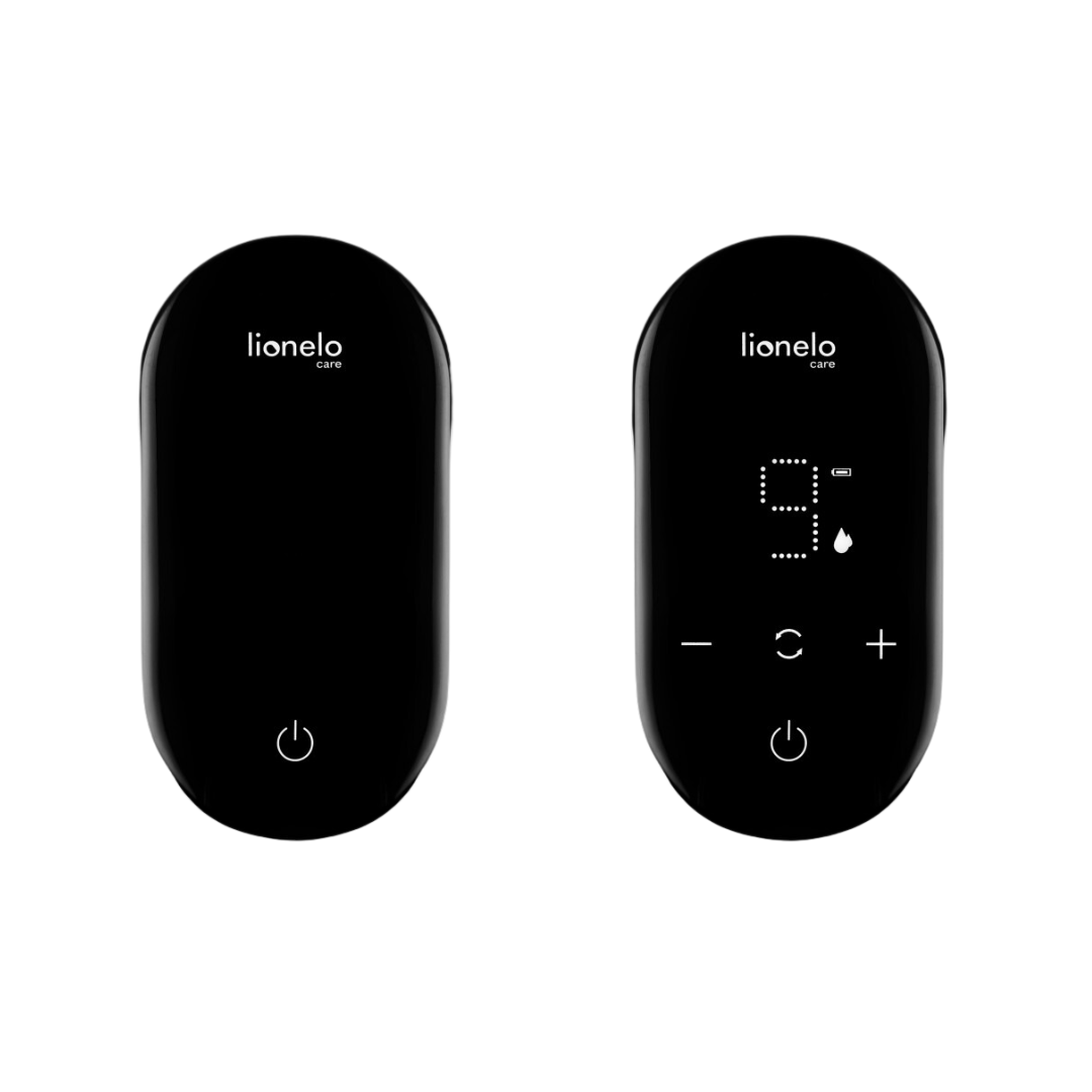 Dois dispositivos eletrónicos compactos pretos com ecrã digital e botões táteis