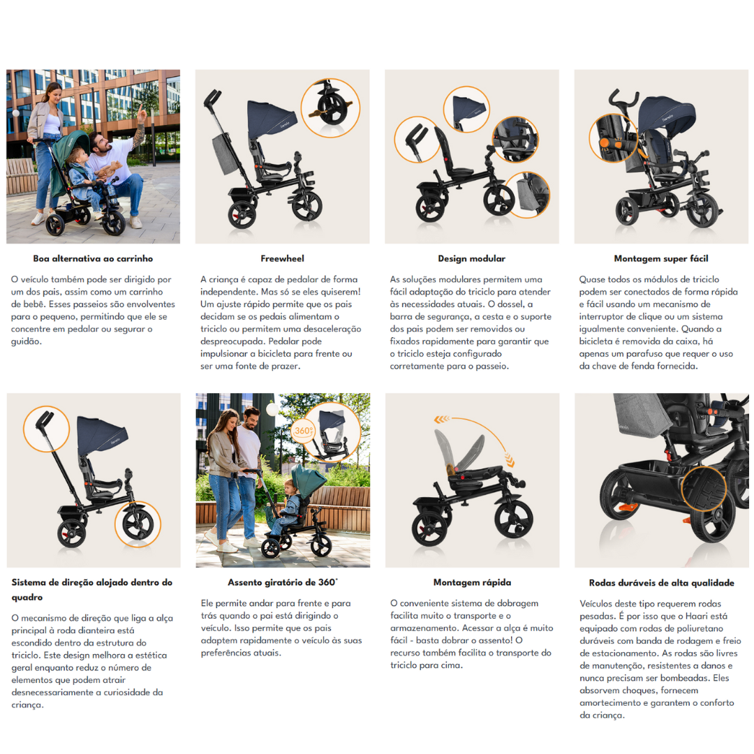 Triciclo Freewheel preto com toldo azul, rodas robustas e sistema modular mostrado em várias configurações e instruções.