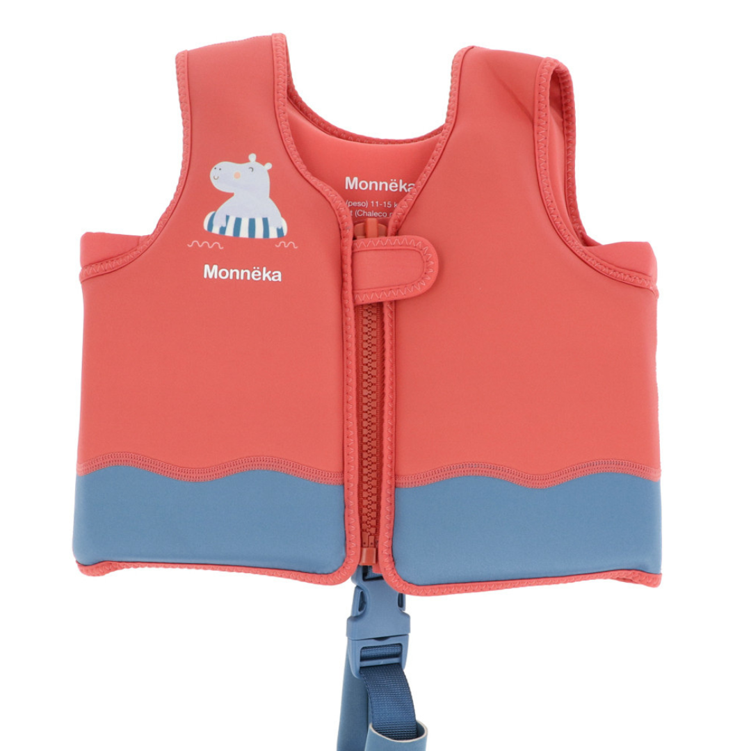 Colete salva-vidas infantil coral e azul com fecho e desenho de hipopótamo.