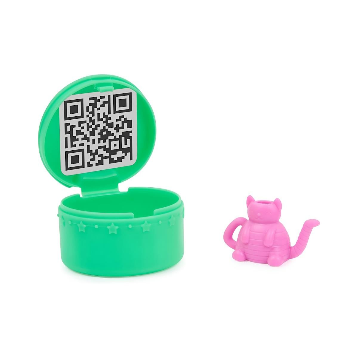 Estojo redondo verde com código QR aberto e figura pequena rosa de gato
