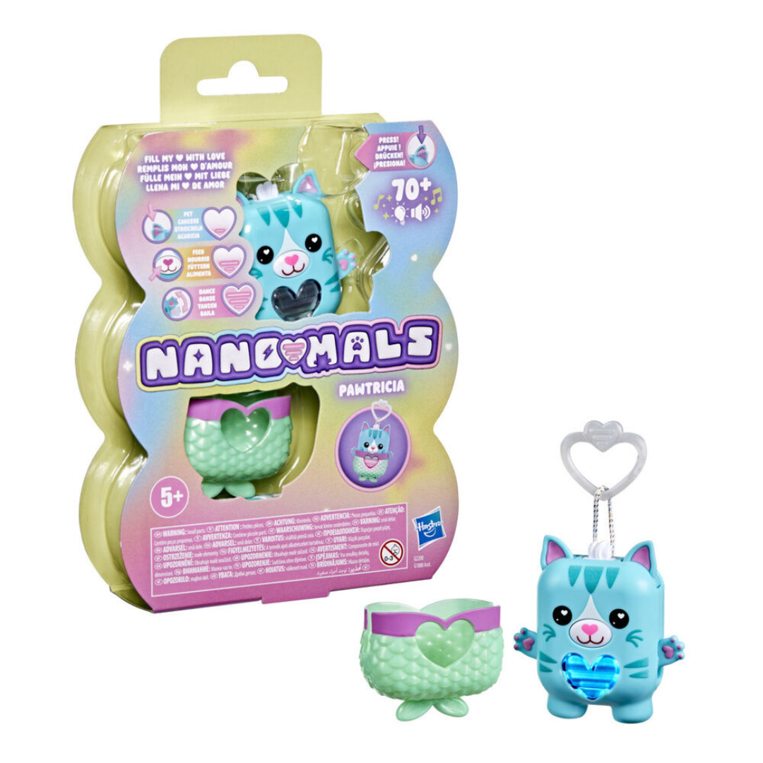 Brinquedo Nanomals Pawtricia da Hasbro com figura azul e verde em embalagem colorida
