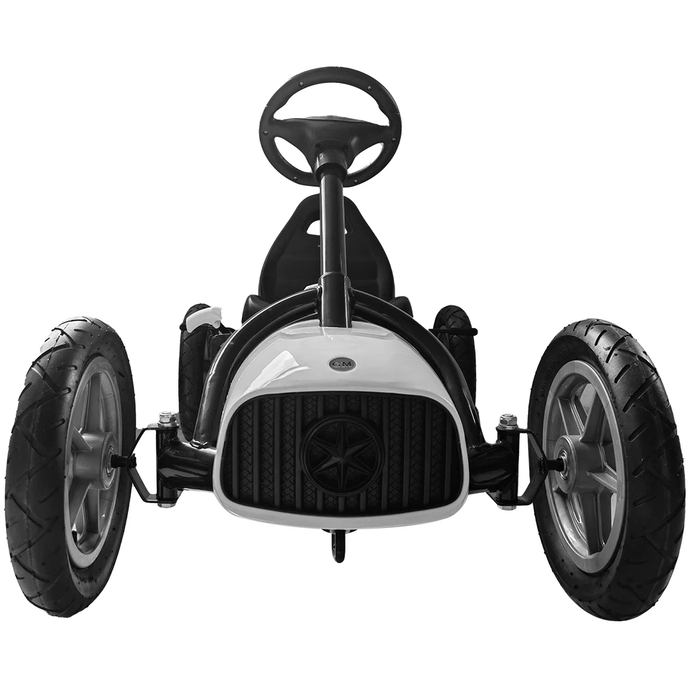 Carrinho de corrida para crianças preto e branco com volante e painel frontal com estrela.