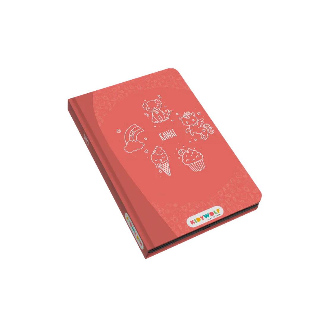 Caderno vermelho infantil com desenhos brancos e texto KAWAÍ e KIDYWOLF