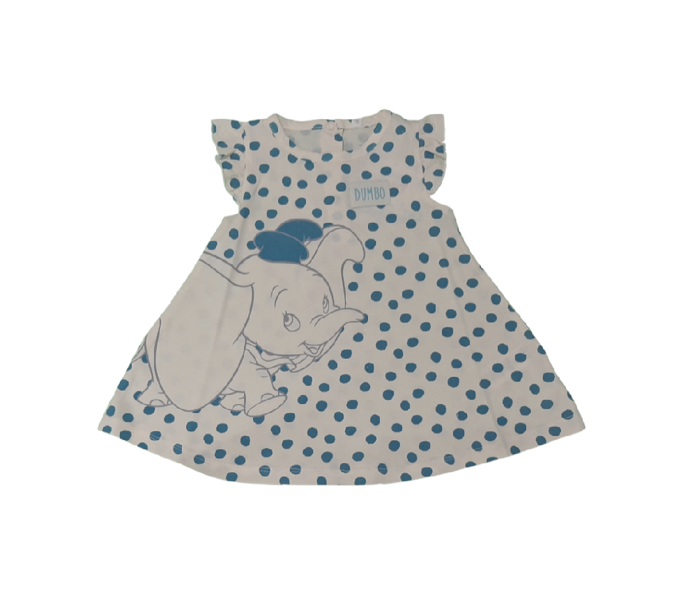 Vestido de bebé branco com bolas azuis e estampa do Dumbo