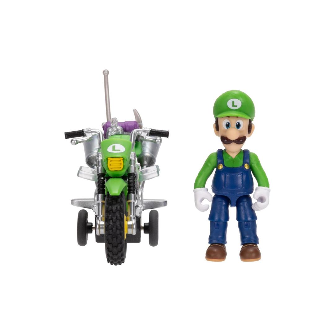 Figura Luigi com roupa verde e macacão azul e mota verde com rodas de apoio.