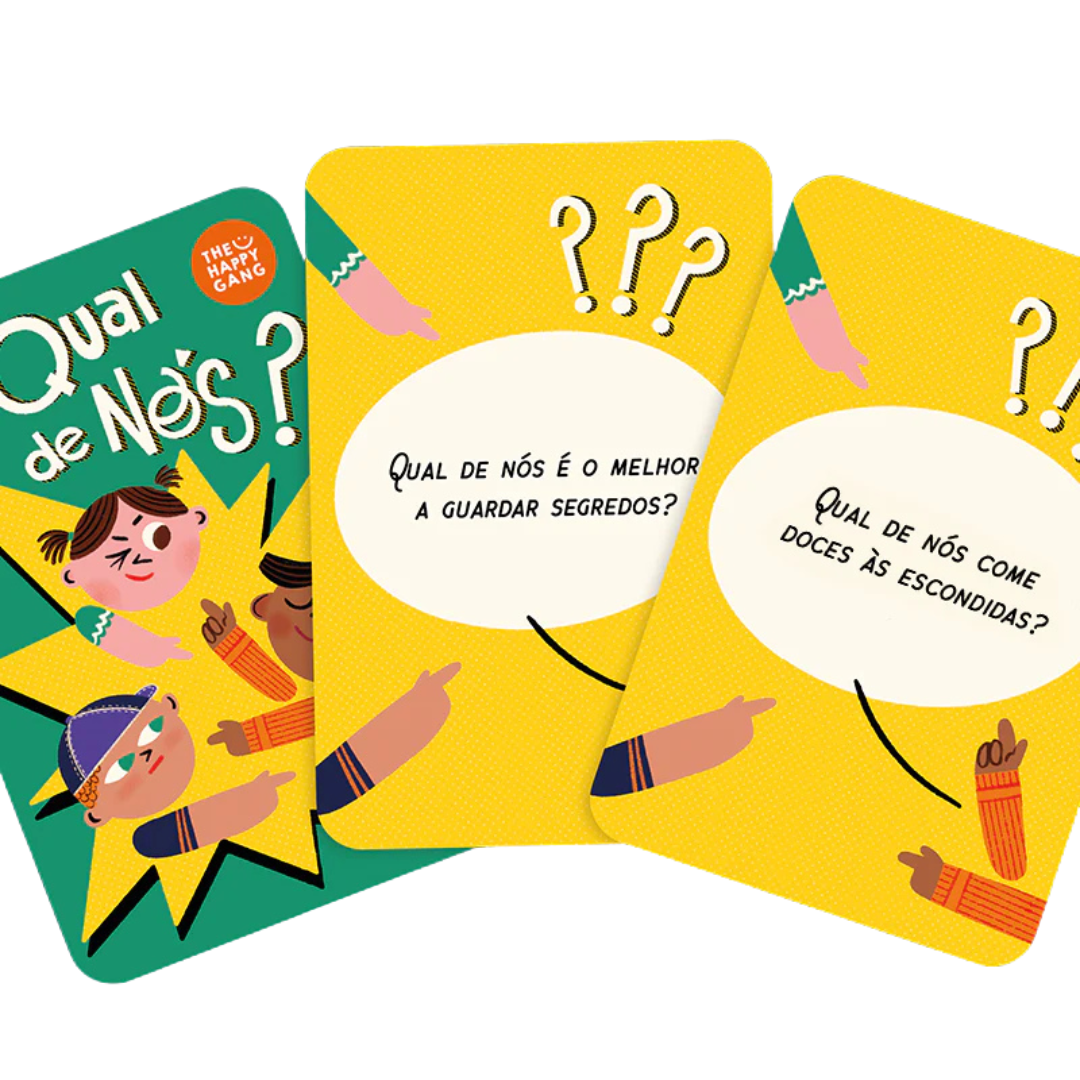 Cartas de jogo coloridas com perguntas em português e ilustrações de crianças