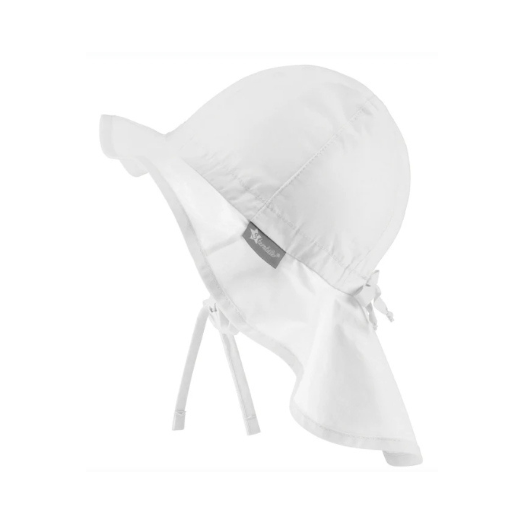 Chapéu branco para bebé com aba larga e tiras para amarrar