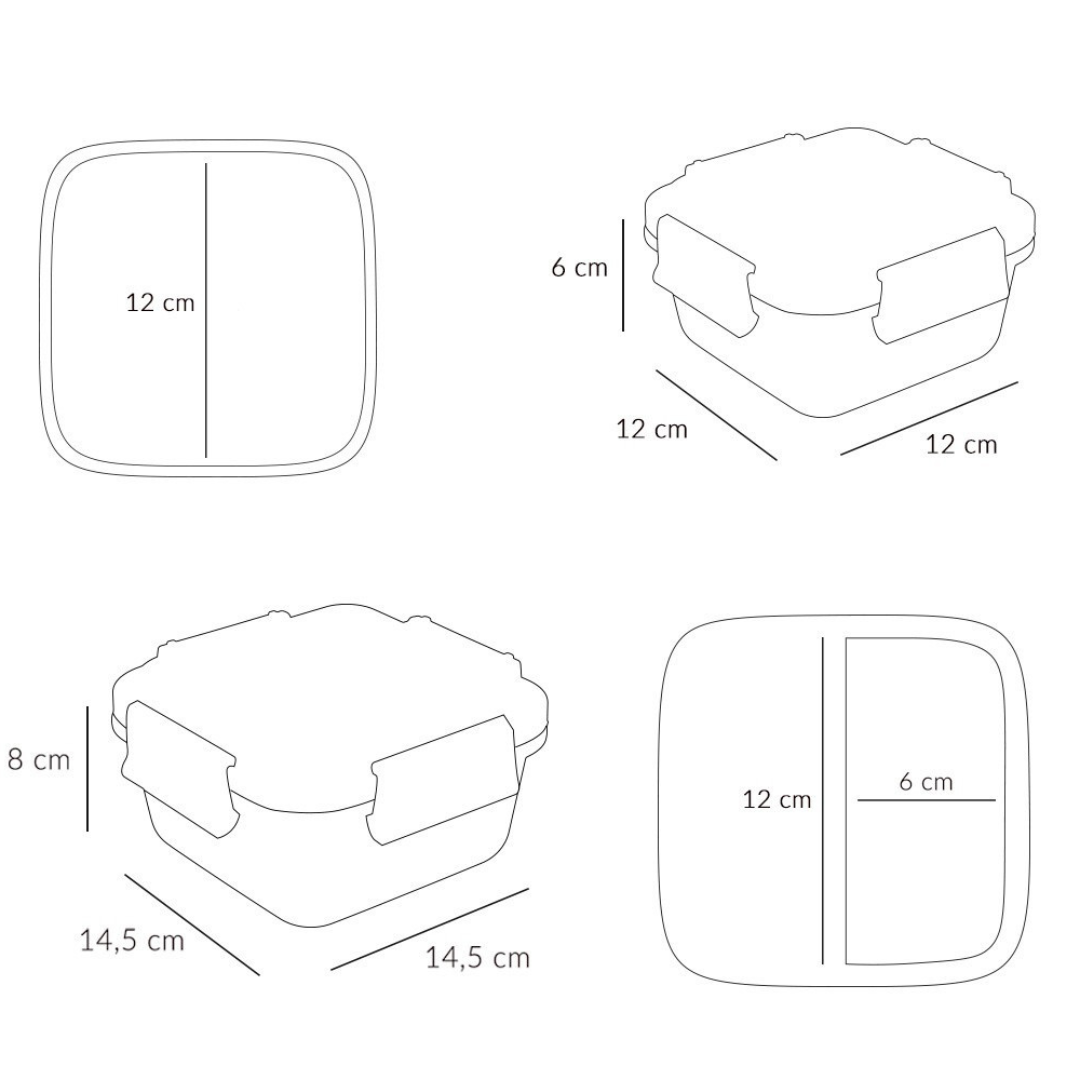 Desenho técnico de caixas quadradas com tampas e dimensões