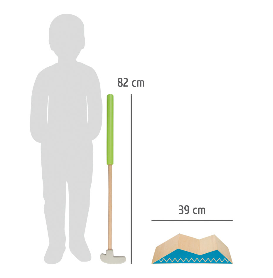 Taco de golfe de madeira com pega verde e objeto decorativo de madeira em forma de montanha