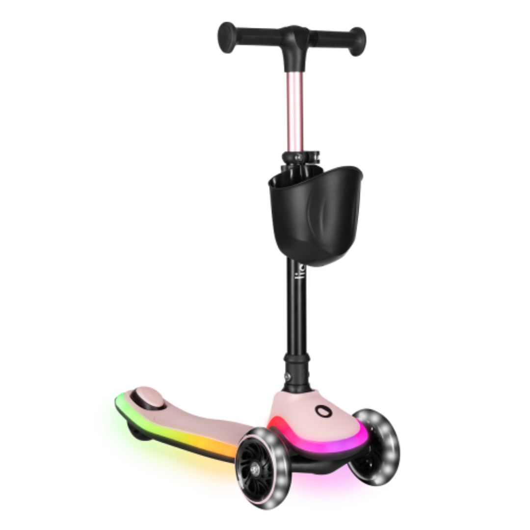 Trotinete infantil rosa com luzes LED e suporte frontal