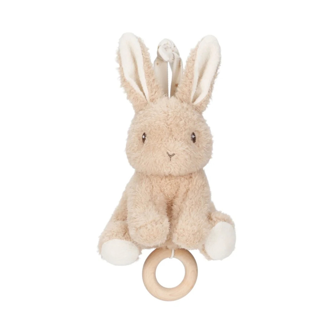 Brinquedo de peluche coelho bege com anel de madeira