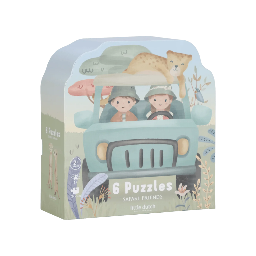 Caixa de puzzles Safari Friends com ilustração de viatura e personagens em tons pastel