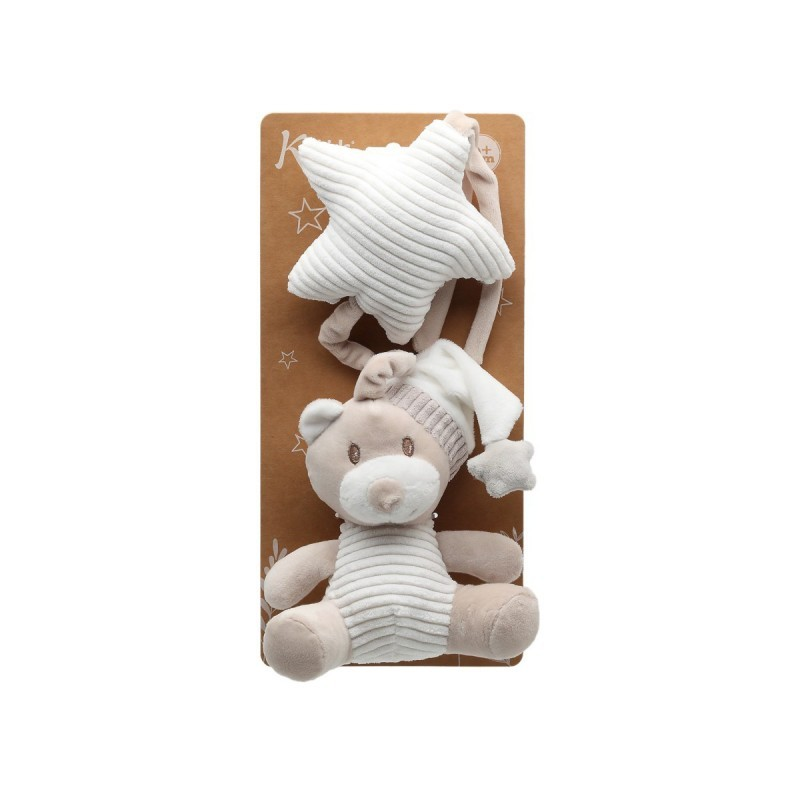 Peluche ursinho bege com estrela branca em embalagem castanha