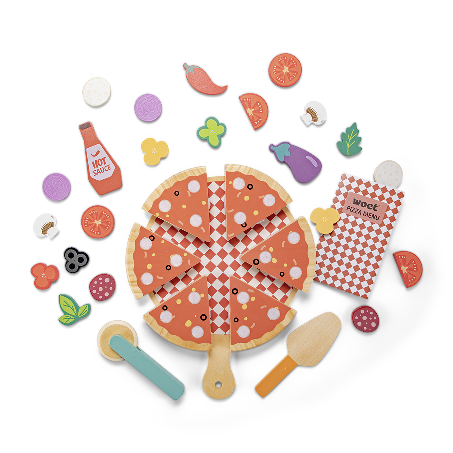 Brinquedo de madeira pizza com ingredientes e utensílios coloridos e menu de pizza