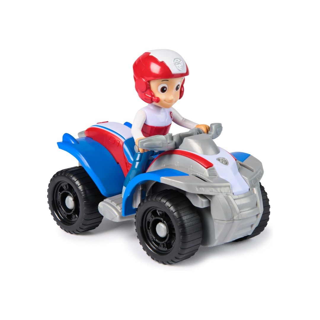 Brinquedo criança mota de quatro rodas com figura montada de capacete vermelho e branco