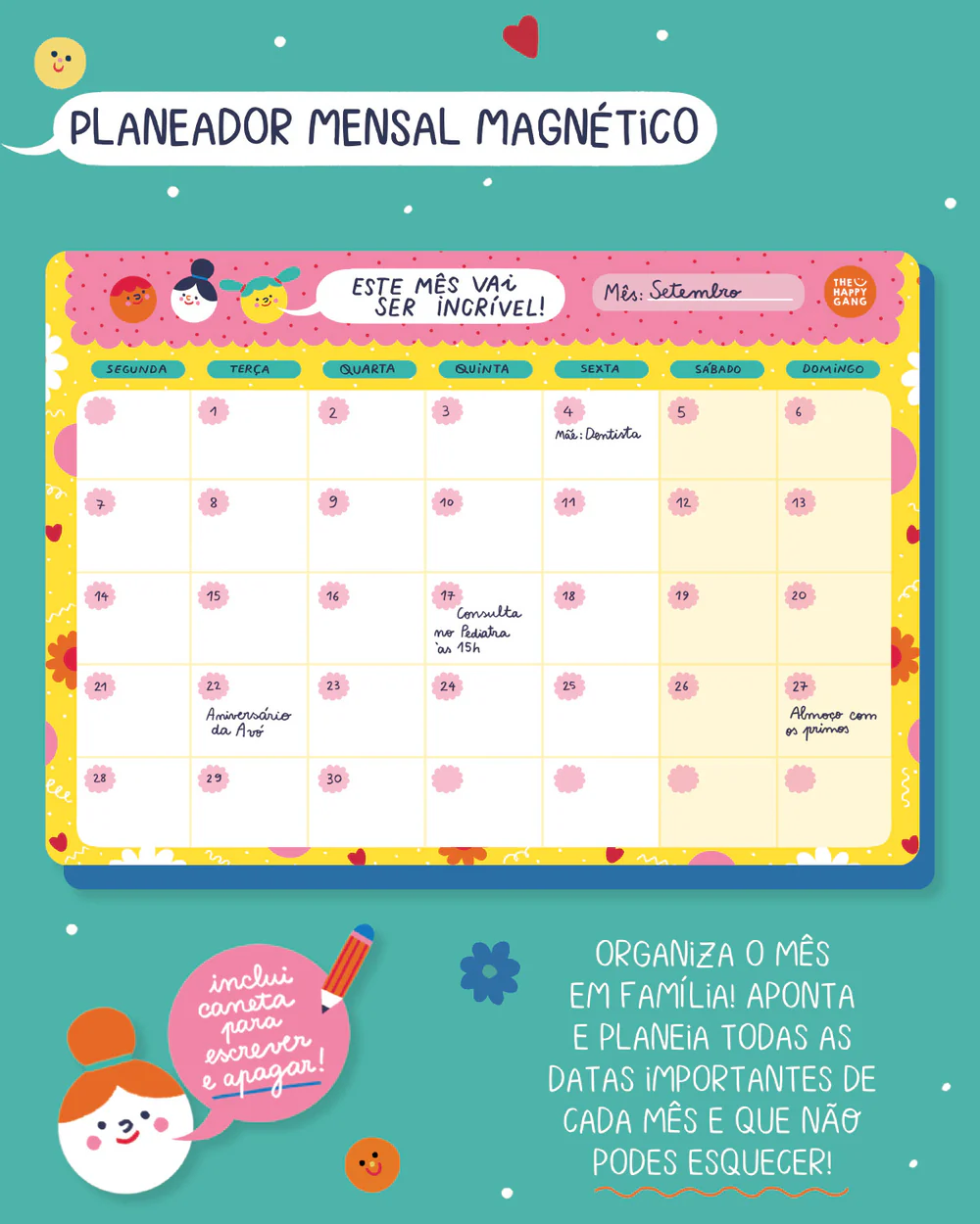 Planeador mensal magnético colorido com fundo azul e textos em português.