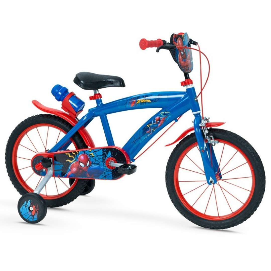Bicicleta infantil azul e vermelha com tema do Homem-Aranha e rodinhas de apoio