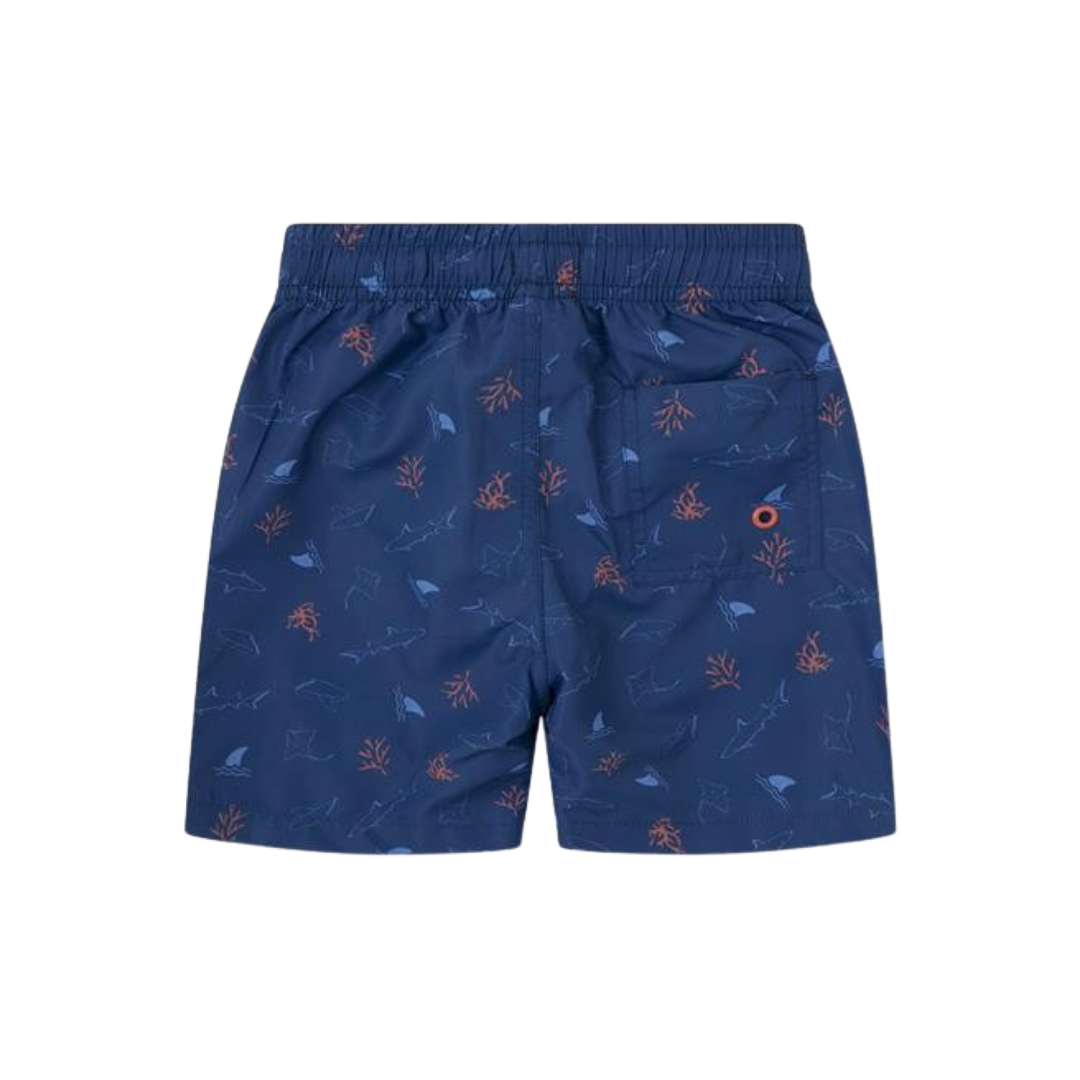 Calções de banho azul escuro com padrão de tubarões e corais e bolso atrás