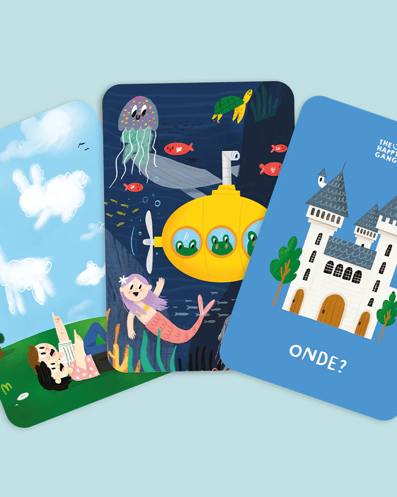 Três cartões coloridos com ilustrações infantis e texto ONDE?