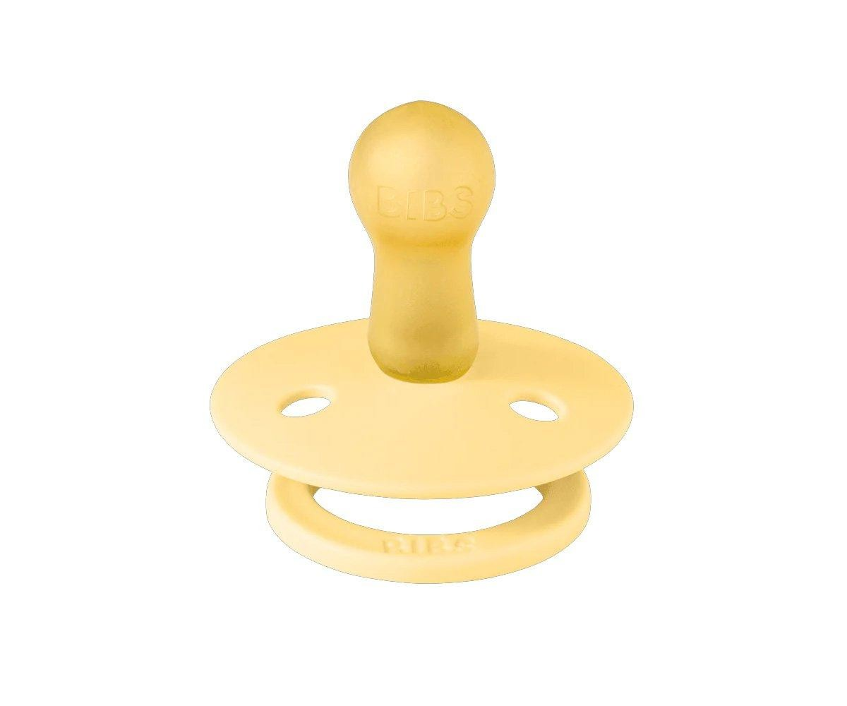 Chupeta de bebé amarela com inscrição BURB