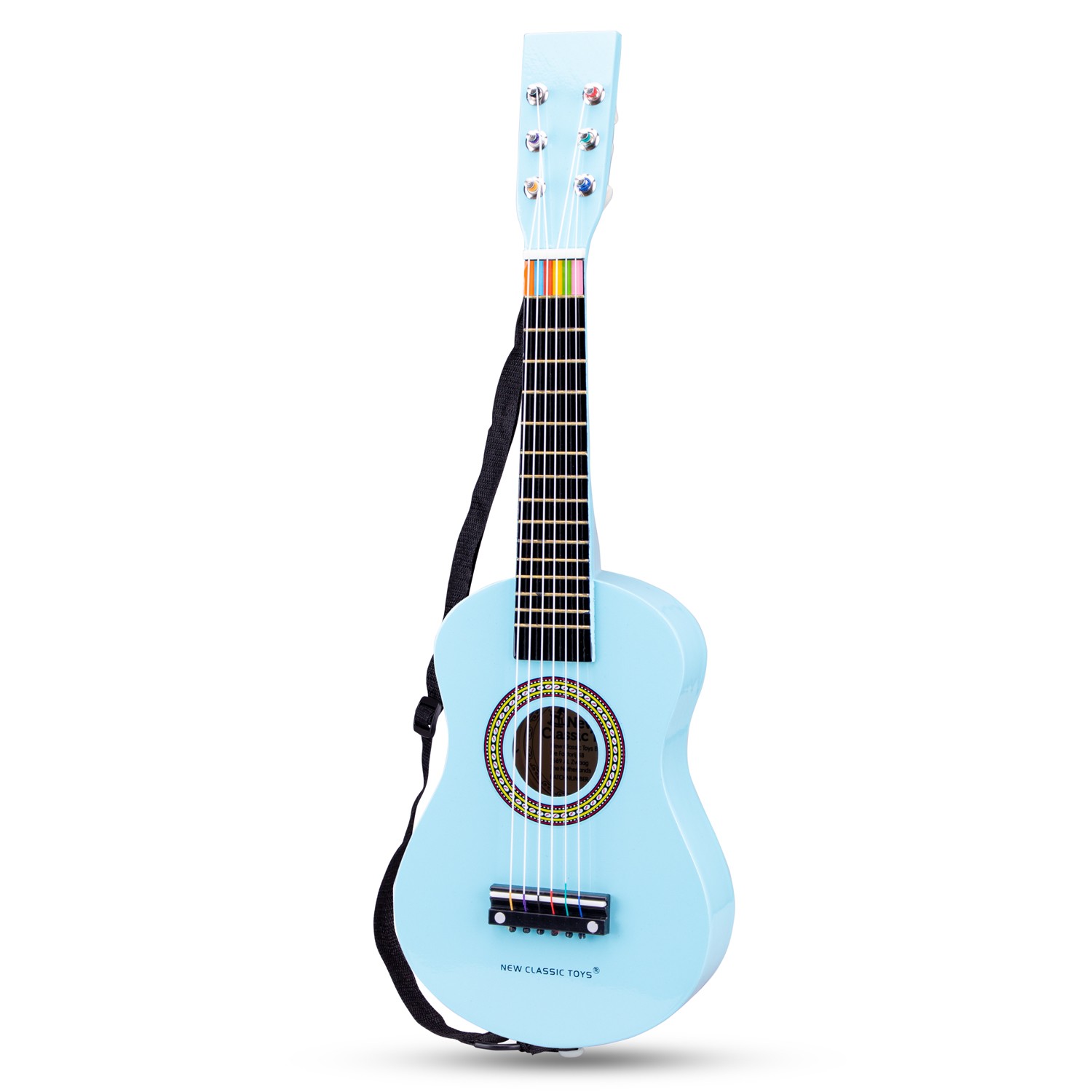 Guitarra azul claro pequena com correia preta em fundo branco