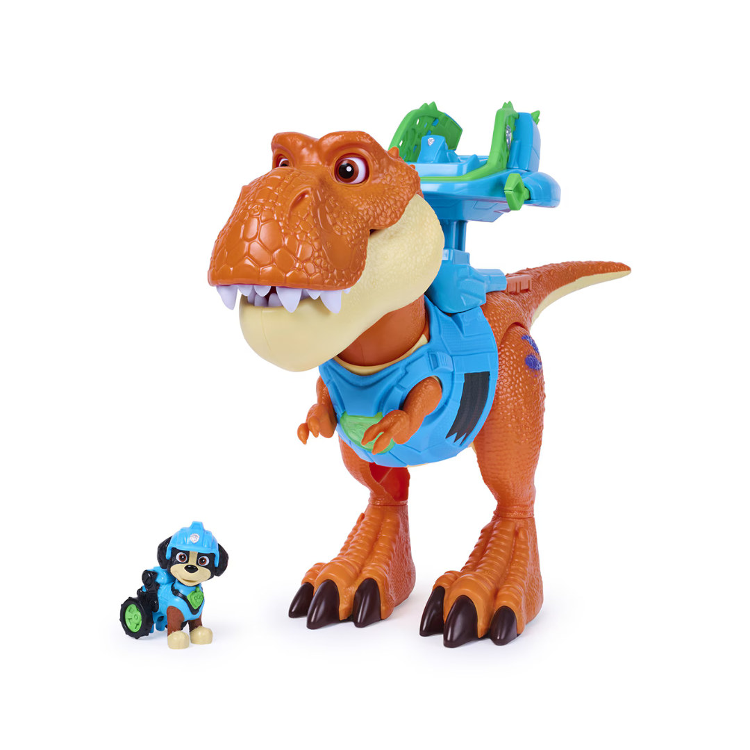 Brinquedo dinossauro com figura de cão em fundo branco