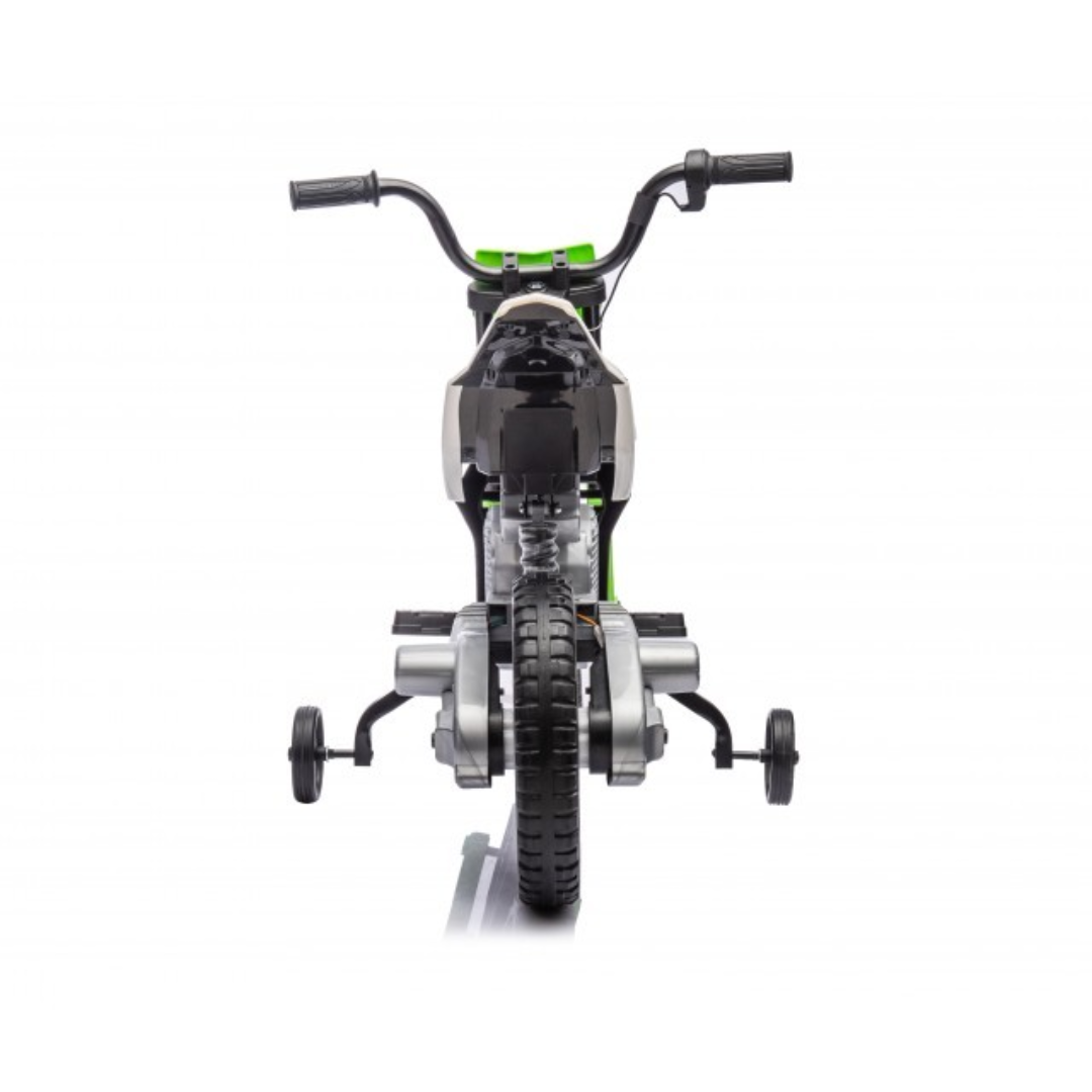 Motociclo infantil preto e verde com rodas de apoio, visto de frente
