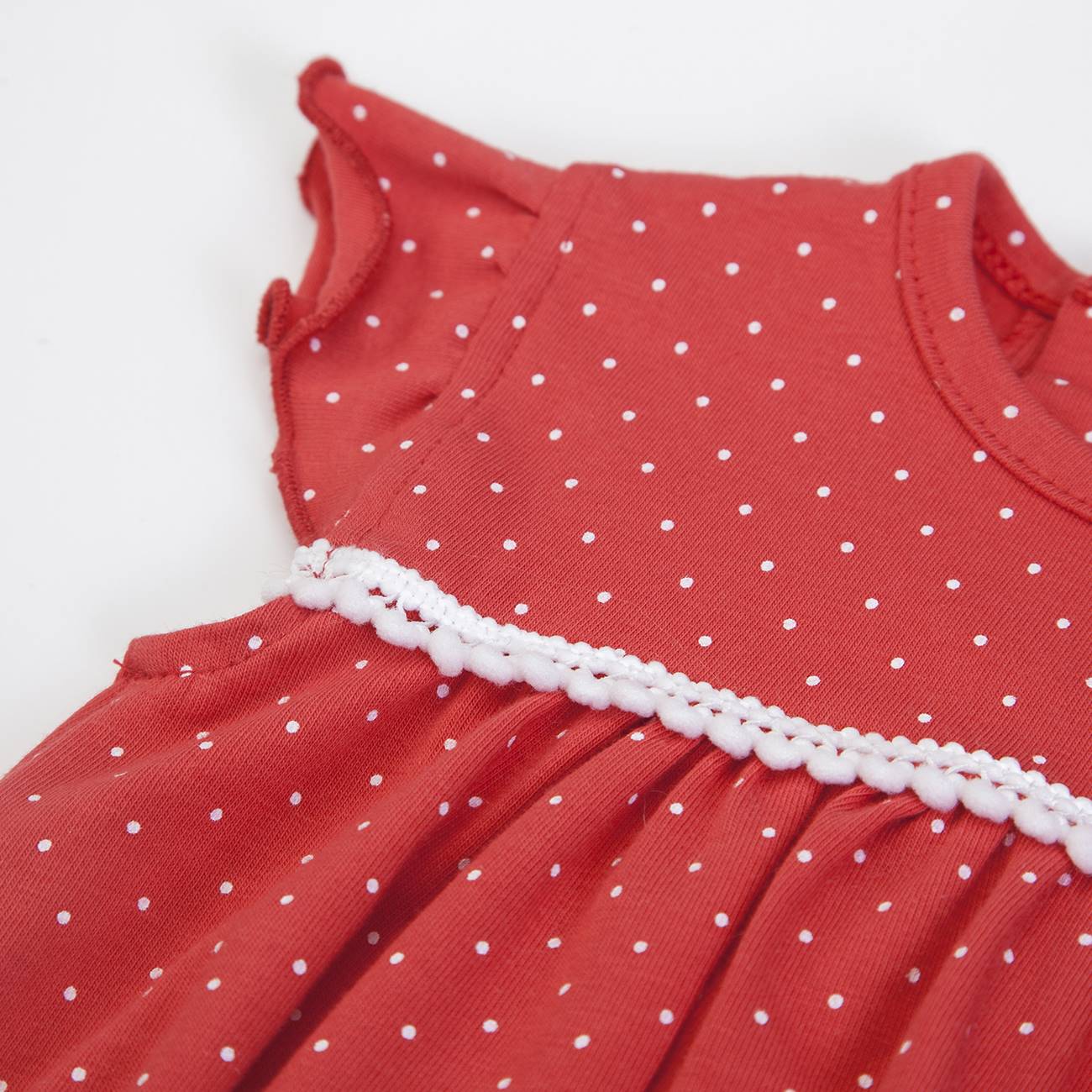 Vestido vermelho de bebé com bolinhas brancas e renda