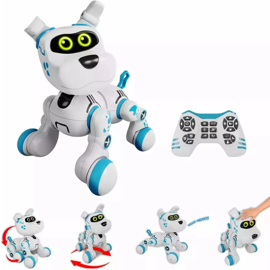 Robot cão branco e azul com comando de controlo remoto