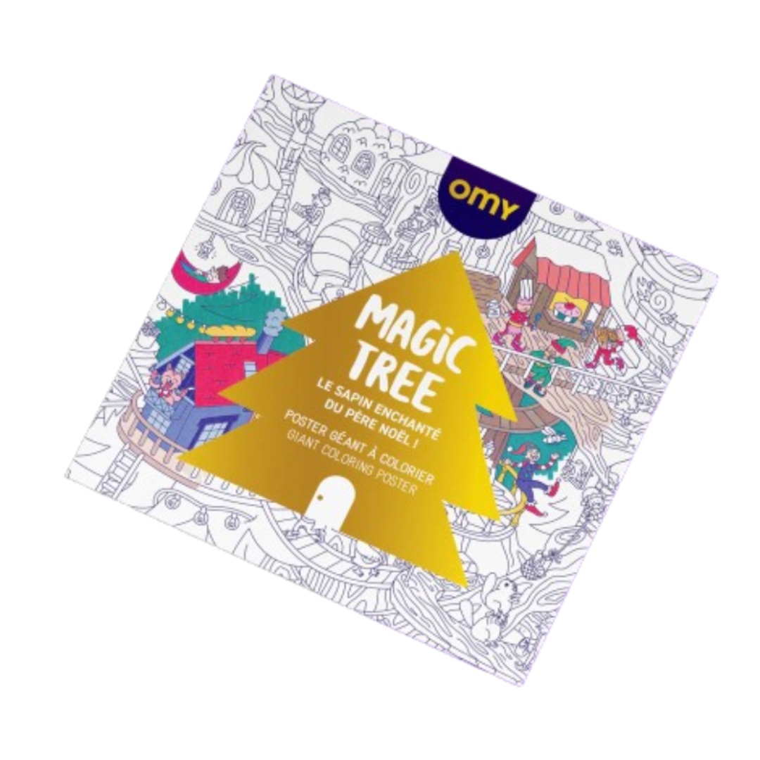 Póster gigante para colorir com embalagem branca, desenhos a preto e branco e etiqueta dourada em forma de árvore