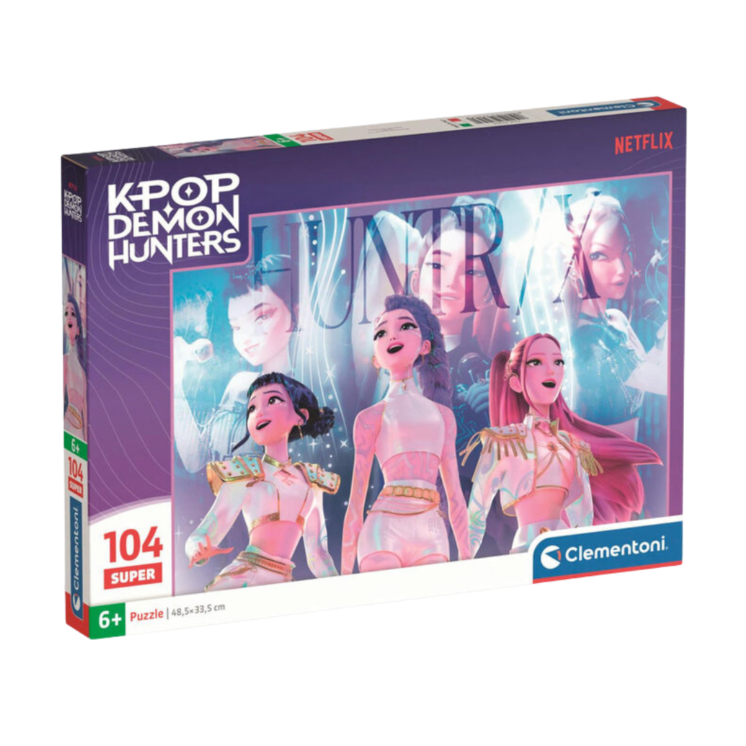Caixa de puzzle K-POP DEMON HUNTERS com 104 peças, imagem de personagens femininas animadas.