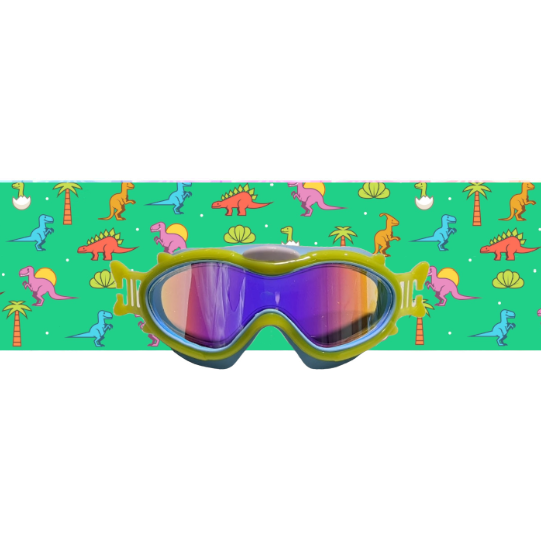 Óculos de proteção verdes com lentes roxas em fundo colorido de dinossauros