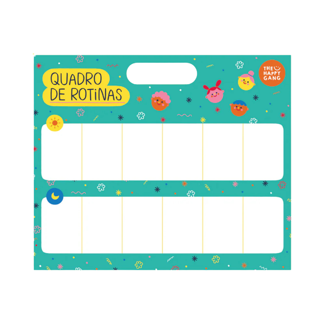 Quadro de rotinas infantil colorido com espaços para escrever e ícones de sol e lua