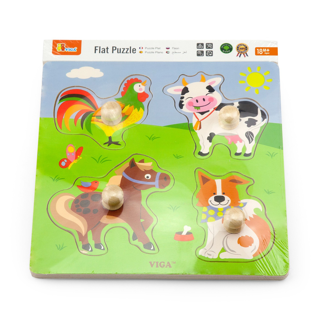 Puzzle de madeira com peças de animais coloridos em fundo verde e azul
